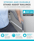 Sturdy Toilet Safety Rails For Seniors Offering Beefy Support With Plush Arm Grips And Solid Footrest Makes Daily Standing Easy Up To 300 Lbs Fits Standard Toilets Naturally With Quick Detachable Setup For Zero Hassle Independence. Image shows a person holding the padded handle of the safety rail.