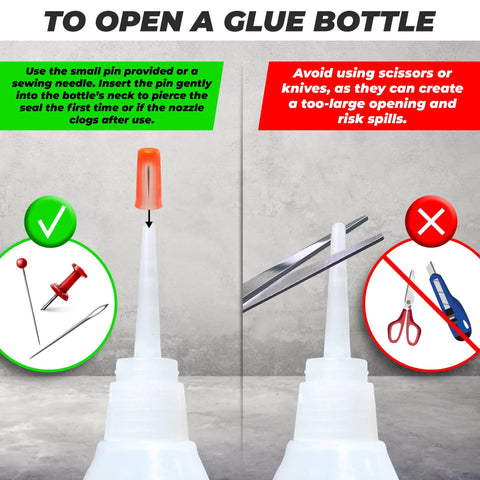 Heavy Duty Shoe Glue Two Pack Easy Patch Adhesive For Sneaker And Boot Sole Repair showing correct and incorrect ways to open the bottle.