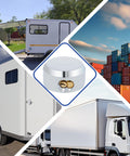 Collage of a puck lock with hidden shackle, trailers, shipping containers, and trucks. Puck Lock Hidden Shackle Padlock 2 Pack for Trailers and Storage 2 7 Eighths Inch Heavy Duty Padlocks With Keys Secure Durable Trailer Pucks Locks Set for Quick Access and Solid Protection in center.