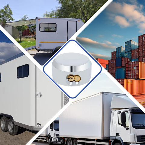 Collage of a puck lock with hidden shackle, trailers, shipping containers, and trucks. Puck Lock Hidden Shackle Padlock 2 Pack for Trailers and Storage 2 7 Eighths Inch Heavy Duty Padlocks With Keys Secure Durable Trailer Pucks Locks Set for Quick Access and Solid Protection in center.