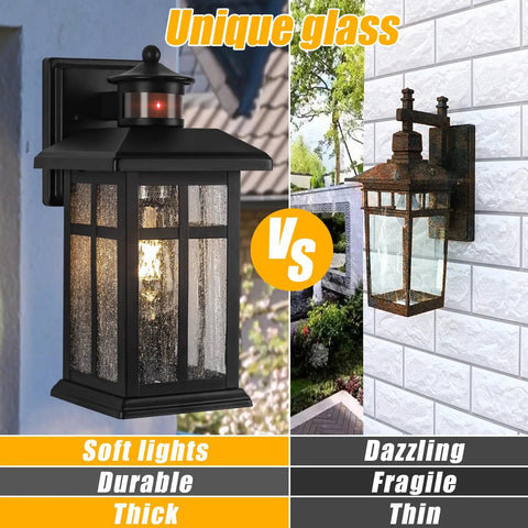 Legit Heavy Duty Motion Sensor Outdoor Wall Lights 2 Pack featuring unique glass design, highlighting soft lights and durable materials.