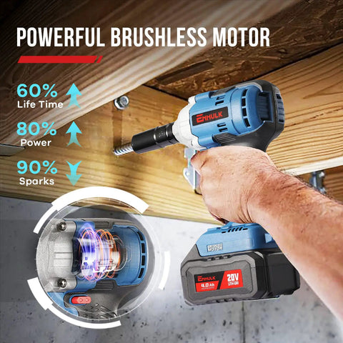 Beefy Cordless Half Inch Brushless Impact Wrench With 300 Ft-Lb Torque used on wood beam, 20V battery attached