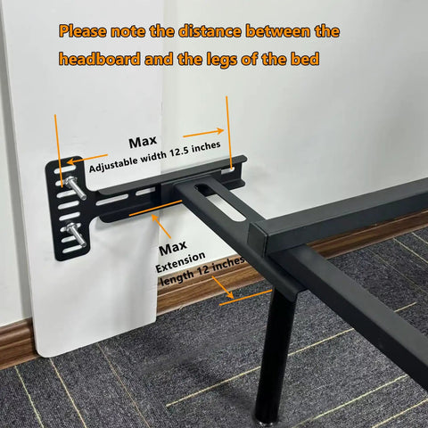 Ultra Tough Headboard Brackets For Metal Bed Frame Universal Adjustable Wall Mount Kit With Footboard Extension Solid Steel black adjustable bracket detail showing max width and extension measurements.