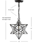 12-Inch Oil Rubbed Bronze Moravian Star LED Pendant Light With Clear Glass, Metal Hanging Lantern For Kitchen Island, Entryway Or Foyer, Adjustable Chain, LED Bulb Included, Sleek Modern Rustic Glow, shown with measurements and chain length