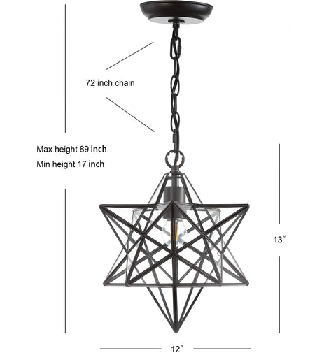 12-Inch Oil Rubbed Bronze Moravian Star LED Pendant Light With Clear Glass, Metal Hanging Lantern For Kitchen Island, Entryway Or Foyer, Adjustable Chain, LED Bulb Included, Sleek Modern Rustic Glow, shown with measurements and chain length