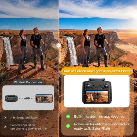 Couple hiking near waterfall with 4K Camera Drone With Big Screen Remote Controller for easy outdoor use and smooth shots.