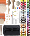 Speedweve Style Darning Loom Kit With 14 And 28 Hook Looms, 9 Large Eye Needles, 100 Color Threads, Darning Mushroom, All In One Weaving And Mending Tool for Handcraft DIY Projects, Textile Repair And Creative Crafting displayed with accessories and case.