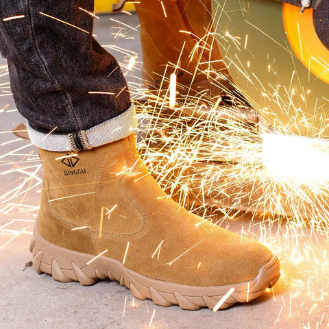 Mens Steel Toe Welding Boots Leather Work Boots Comfortable Slip Resistant Safety Shoes for Construction Brown Reinforced Steel Caps Durable Weld Ready Foot Protection for Daily Job Sites
