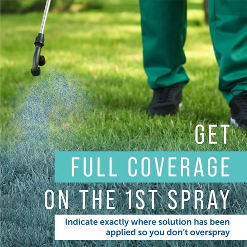 Maplefield blue spray indicator dye being sprayed on lawn from handheld sprayer (side view)