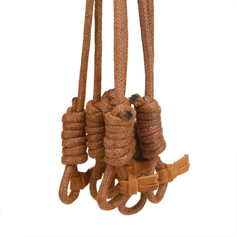 Close-up of waxed cord loops on Canvas Bird Game Carrier For Waterfowl And Small Animals with cowhide leather trim and brass snap hook.