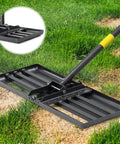 Heavy Duty Lawn Leveling Rake for Yard and Garden 26 by 25 Inch Leveler with 5 Foot Adjustable Handle on grass surface