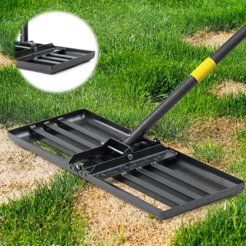 Heavy Duty Lawn Leveling Rake for Yard and Garden 26 by 25 Inch Leveler with 5 Foot Adjustable Handle on grass surface