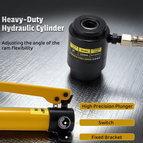 Heavy-duty hydraulic cylinder with high precision plunger and switch for Hydraulic Knockout Punch Kit For Half Inch To Two Inch Conduit Holes.