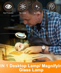 Person using 2 In 1 Magnifying Desk Lamp With Light And Timer For Craft And Sewing, Reading Or Close Work, 3 Color Modes, 10 Dimmable Brightness Levels, Flexible Gooseneck LED Loupe