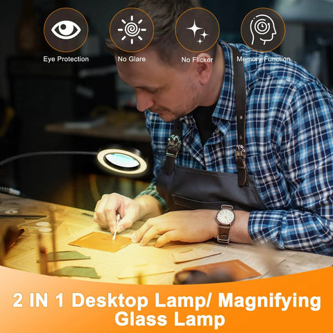 Person using 2 In 1 Magnifying Desk Lamp With Light And Timer For Craft And Sewing, Reading Or Close Work, 3 Color Modes, 10 Dimmable Brightness Levels, Flexible Gooseneck LED Loupe