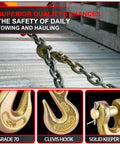 Three Eighths Inch Chain Hook Beefy Heavy Duty Grade Seventy Clevis Grab Hook For Trailer Towing Tow Chains Transport Use In Heavy Haul Operations Alloy Steel Pack Of Ten showing chain secured to cargo with close-up inserts of hook details.