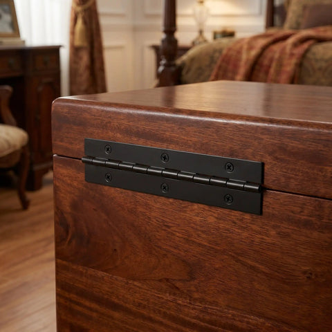 4 Pack Black Stainless Steel Piano Hinges 6 Inch Continuous Woodworking Hinges on a wooden cabinet in a bedroom setting
