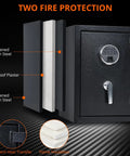 Heavy Duty Home Safe With Digital Keypad Lock, Solid Steel Construction, fireproof plaster, and interior lining layers shown.