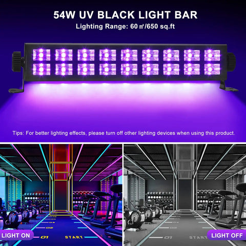 Two Pack Super Bright 54W UV Black Lights with Remote 18 Real LED Blacklight Bars light up gym in vibrant purple glow