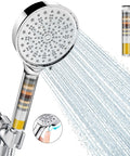 Front view of Cobbe chrome handheld shower head with six spray modes and visible filter beads in the handle.