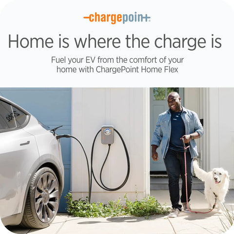 Man walking dog beside electric car charging with HomeFlex Level 2 EV Charger With NACS Tesla Compatible Hardwired Charging Station.