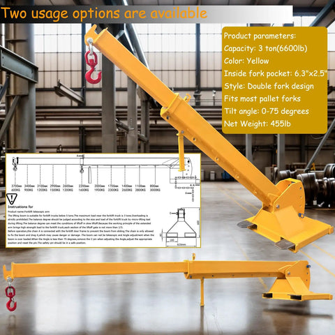Heavy Hitter Telescoping Forklift Jib Boom Crane Attachment yellow 3 ton capacity with adjustable tilt for rigging and hauling.
