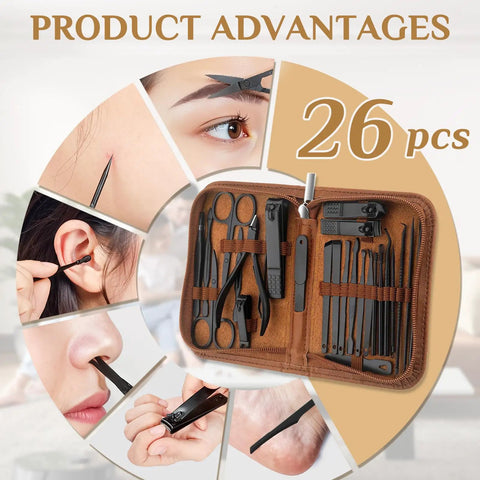Pro Grade 26 Piece Manicure Set With Stainless Steel Nail Clippers And Multifunction Tools For Hand Care Facial Care And Foot Care In Luxurious Brown Travel Case displayed with facial care images