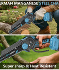 Cordless Mini Chainsaw With Dual 8 Inch And 6 Inch Guide Bars, 1000W Battery Powered Saw cutting branches, blue model