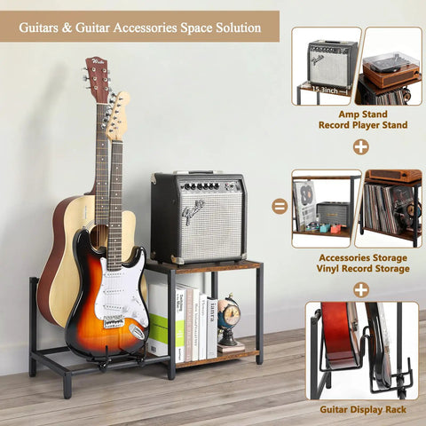 Vintage Brown Guitar Amp Stand With Double Rack For Acoustic Electric Bass And Ukulele Storage Holder Heavy Duty Floor Stand displays guitar, amp, and records.