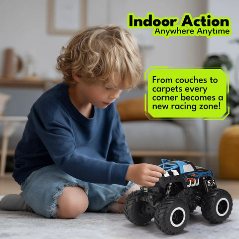Child playing with 1to16 Scale Totally Waterproof Monster Truck RC Car Amphibious Remote Control Vehicle 4WD indoors on carpet.
