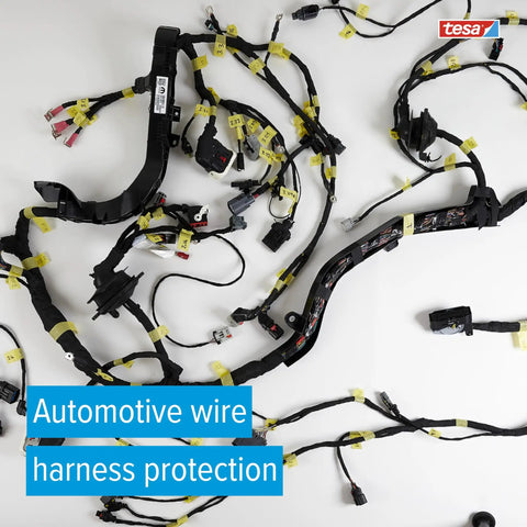 Heavy Duty PET Cloth Automotive Wire Harness Tape Black 19mm X 25m Roll securing car wiring with connectors.