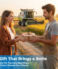 Two people exchanging a gift box in a field, with farm machinery in the background, related to grease gun coupler kit accessories.