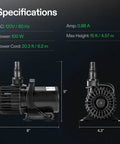 Beast 1600 GPH Submersible Water Pump side and front view, 100W, 15 ft lift, specifications detailing size and features for ponds.