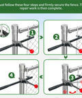 Diagram showing installation steps for a Chain Link Fence Stretcher Heavy Duty Ratcheting Wire Fence Tightener And Puller with Forged Steel Construction