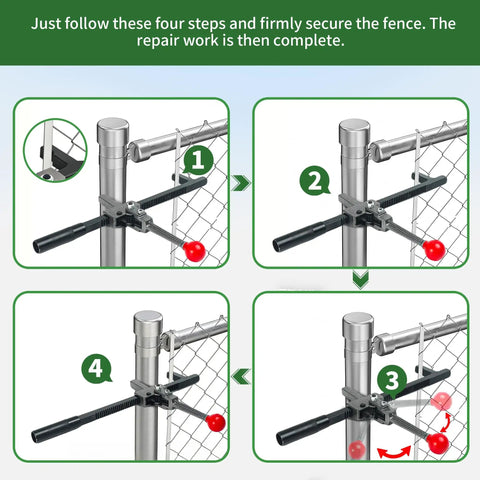 Diagram showing installation steps for a Chain Link Fence Stretcher Heavy Duty Ratcheting Wire Fence Tightener And Puller with Forged Steel Construction