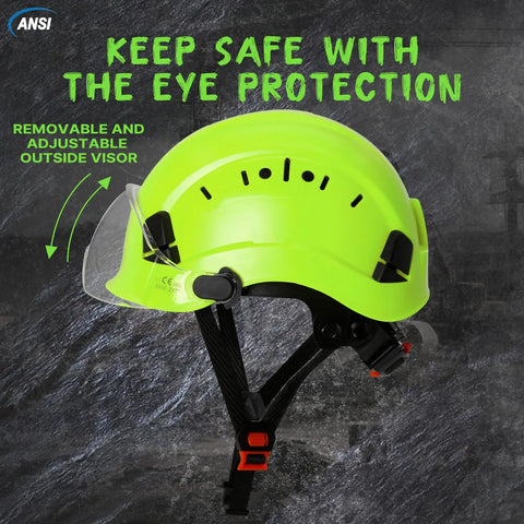 ANSI Z89 1 Approved Hard Hat With Adjustable Visor And Venting Bright Yellow Safety Helmet side view with clear visor