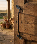 Set Of 2 Hand Forged Wrought Iron Door Pull Handles For Wood Gates Cabinets Farmhouse Barn Doors Black 10 Inch Heavy Duty Rustic Hardware Set Durable For Indoor Outdoor Use Easy Mounting Classic Vintage Farmhouse Decor on wooden door