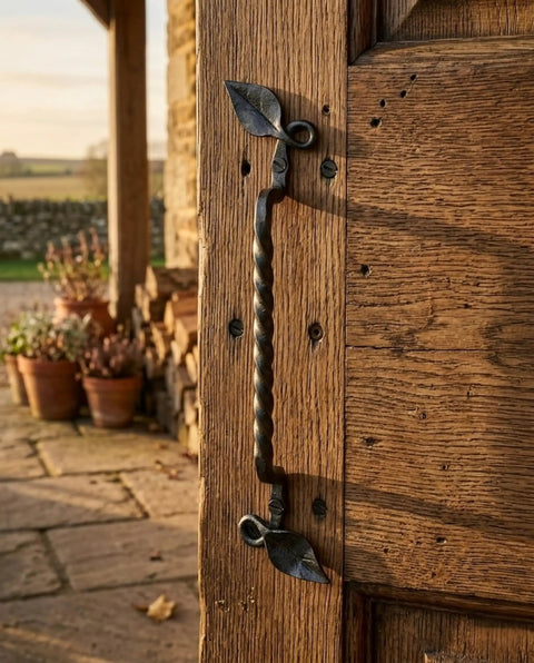 Set Of 2 Hand Forged Wrought Iron Door Pull Handles For Wood Gates Cabinets Farmhouse Barn Doors Black 10 Inch Heavy Duty Rustic Hardware Set Durable For Indoor Outdoor Use Easy Mounting Classic Vintage Farmhouse Decor on wooden door