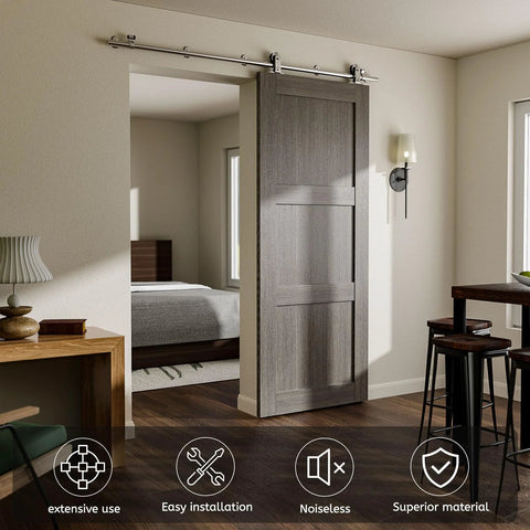 5.5 Foot Stainless Steel Sliding Track Barn Door Hardware Kit for Single Door with Quiet Rollers in modern interior