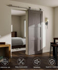 Heavy Duty 5ft Stainless Steel Sliding Barn Door Track Kit With Quiet Glide Rollers For A Single Door Supports Up To 220 Lbs Fits Doors Up To 30 Inches Wide Anti Rust Long Lasting Hardware installed in living room