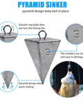 Detailed view of pyramid sinker for Surf Fishing Tackle Kit With 12 Leader Rigs 4 Pyramid Sinkers 1 Bass Casting Sinker And 10 Circle Hooks For Striped Bass Red Drum Flounder A Go To Coastal Shoreline Rig Kit For Heavy Duty Coastal Fishing.