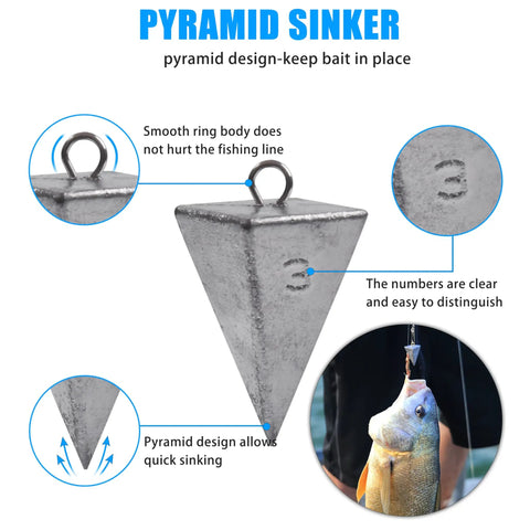 Detailed view of pyramid sinker for Surf Fishing Tackle Kit With 12 Leader Rigs 4 Pyramid Sinkers 1 Bass Casting Sinker And 10 Circle Hooks For Striped Bass Red Drum Flounder A Go To Coastal Shoreline Rig Kit For Heavy Duty Coastal Fishing.