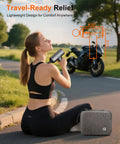 Woman using Thermal Massage Gun Deep Tissue Percussion Massager With Heat Handheld Muscle Therapy Device With Full Metal Head 10mm Stroke 6 Replacement Heads Pain Relief For Athletes Relaxation Gadget Gift For Men And Women outdoors