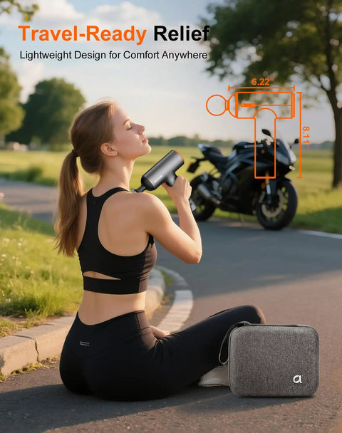 Woman using Thermal Massage Gun Deep Tissue Percussion Massager With Heat Handheld Muscle Therapy Device With Full Metal Head 10mm Stroke 6 Replacement Heads Pain Relief For Athletes Relaxation Gadget Gift For Men And Women outdoors