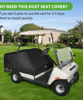 Heavy Duty Waterproof Golf Cart Seat Cover Universal Fit For Yamaha EZGO Club Car 2 Plus 2 Seats Rainproof Dustproof Protection 600D Oxford Material Easy On Off All Weather UV Guard covering a parked golf cart.