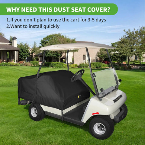 Heavy Duty Waterproof Golf Cart Seat Cover Universal Fit For Yamaha EZGO Club Car 2 Plus 2 Seats Rainproof Dustproof Protection 600D Oxford Material Easy On Off All Weather UV Guard covering a parked golf cart.