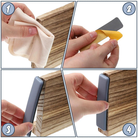 Eight Piece Premium High Density Self Adhesive PTFE Rectangle Furniture Glides application process on wood furniture.
