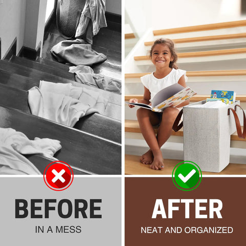 Comparison of messy stairs and organized stairs with Stair Basket Organizer For Carpeted And Wooden Stairs Foldable 16L X 10W X 16H.