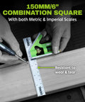 Badass 6 Inch Combination Square With Built In Level And Etched Scribe Durable Stainless Steel Ruler used for scribing a straight line on wood.