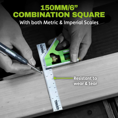 Badass 6 Inch Combination Square With Built In Level And Etched Scribe Durable Stainless Steel Ruler used for scribing a straight line on wood.